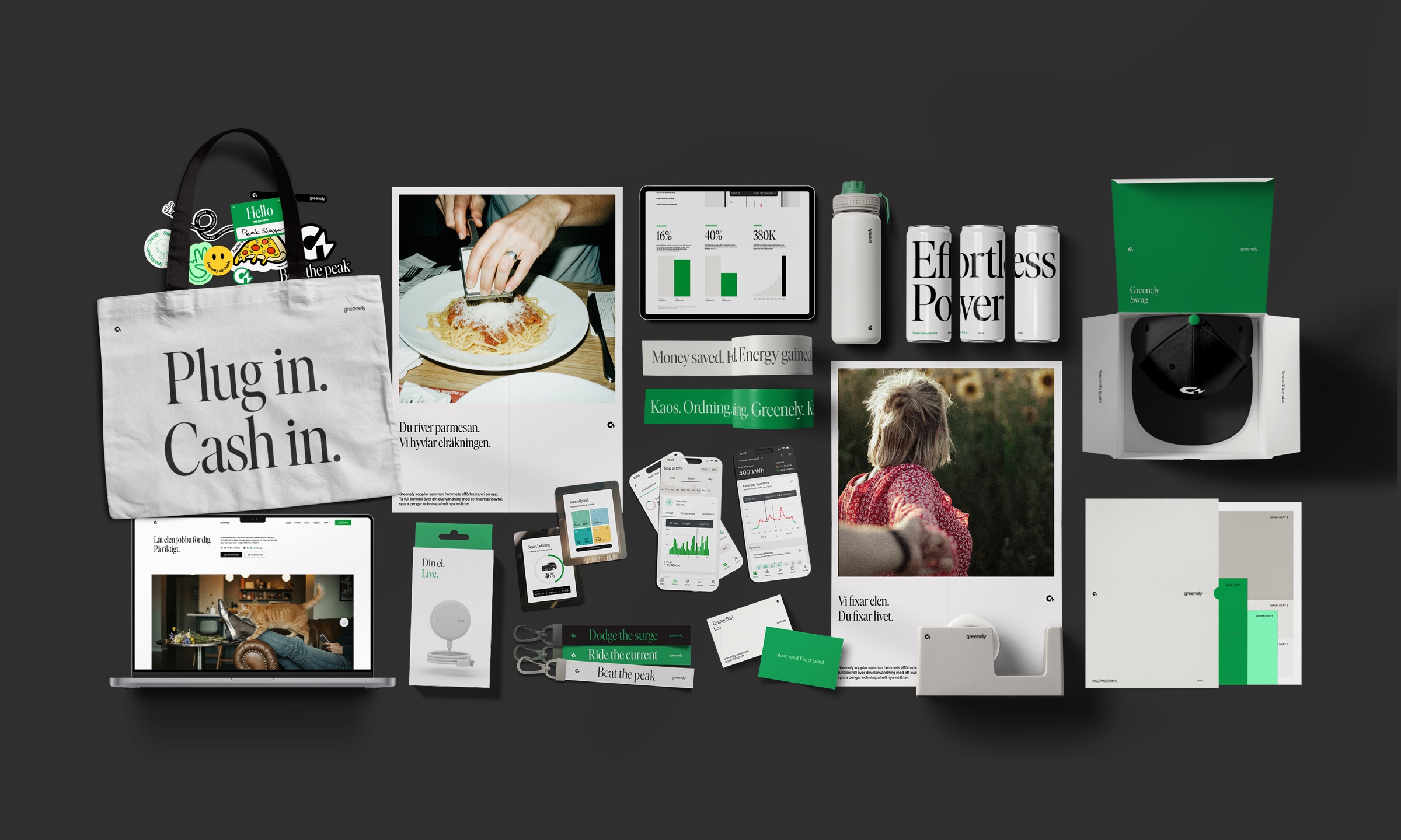 Greenely brand identity laid out: tote, posters, packaging and screens