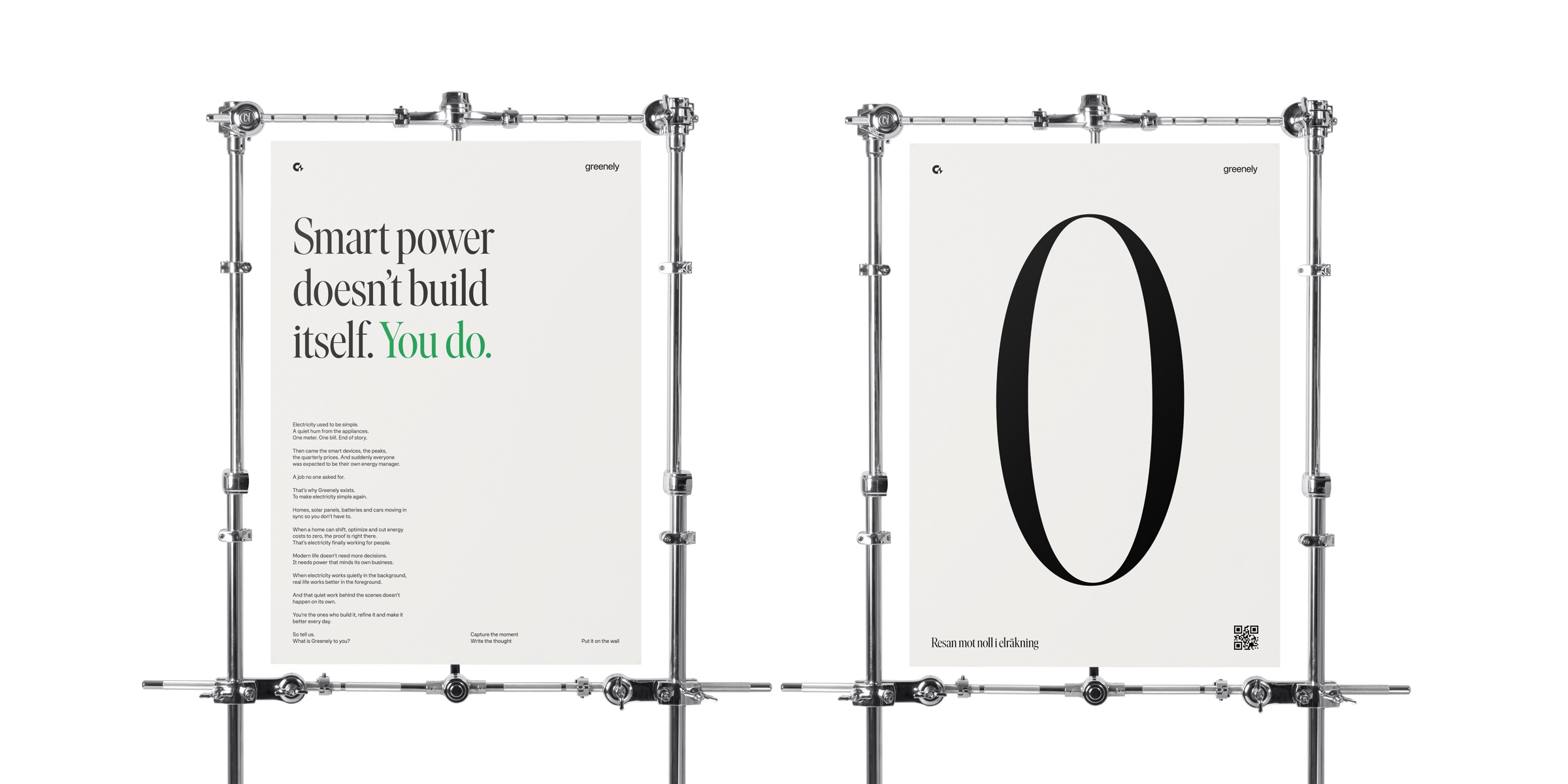 Greenely posters on metal stands