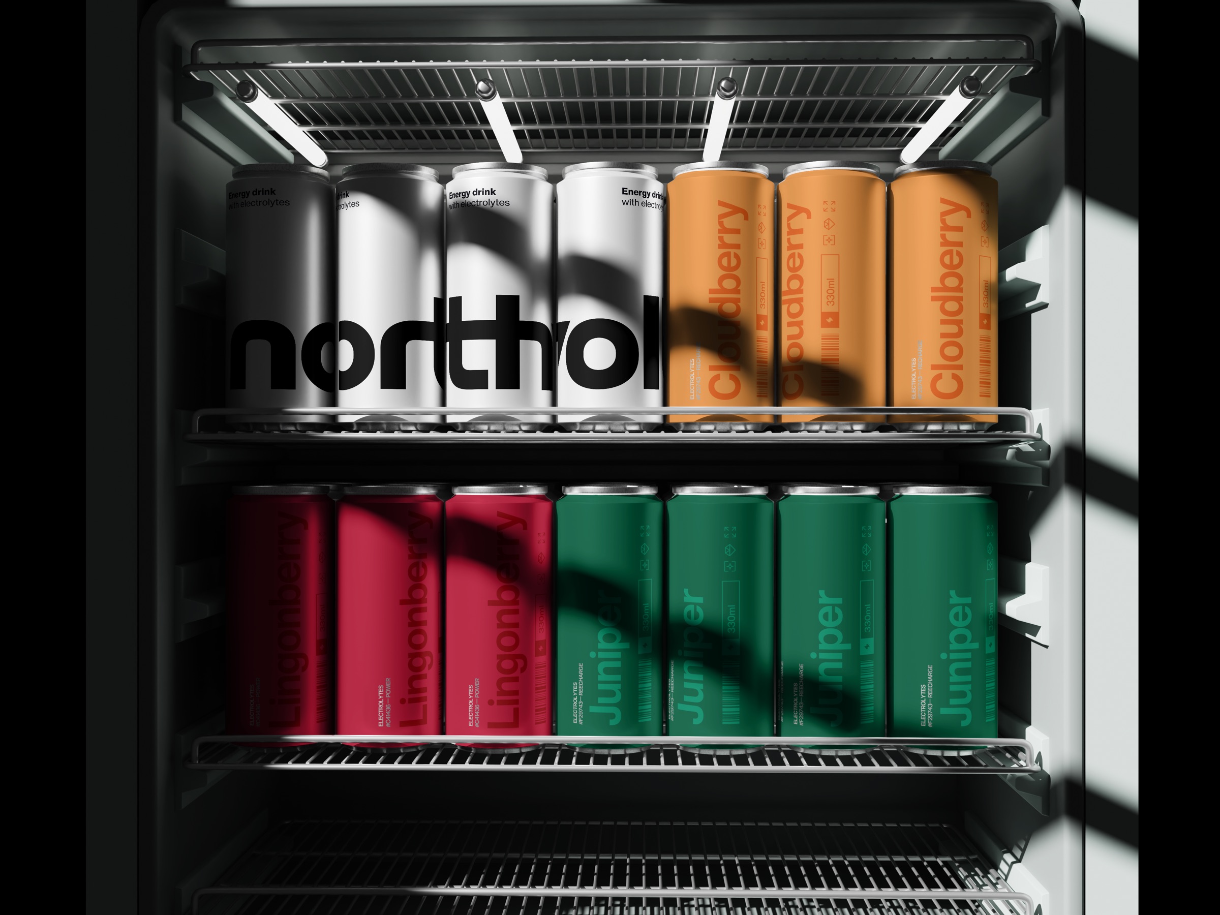 Northvolt energy drink cans in a fridge