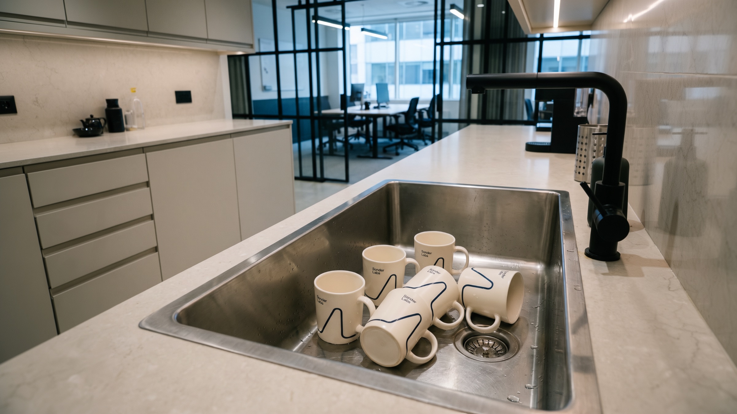 Sonder Labs mugs in the office kitchen