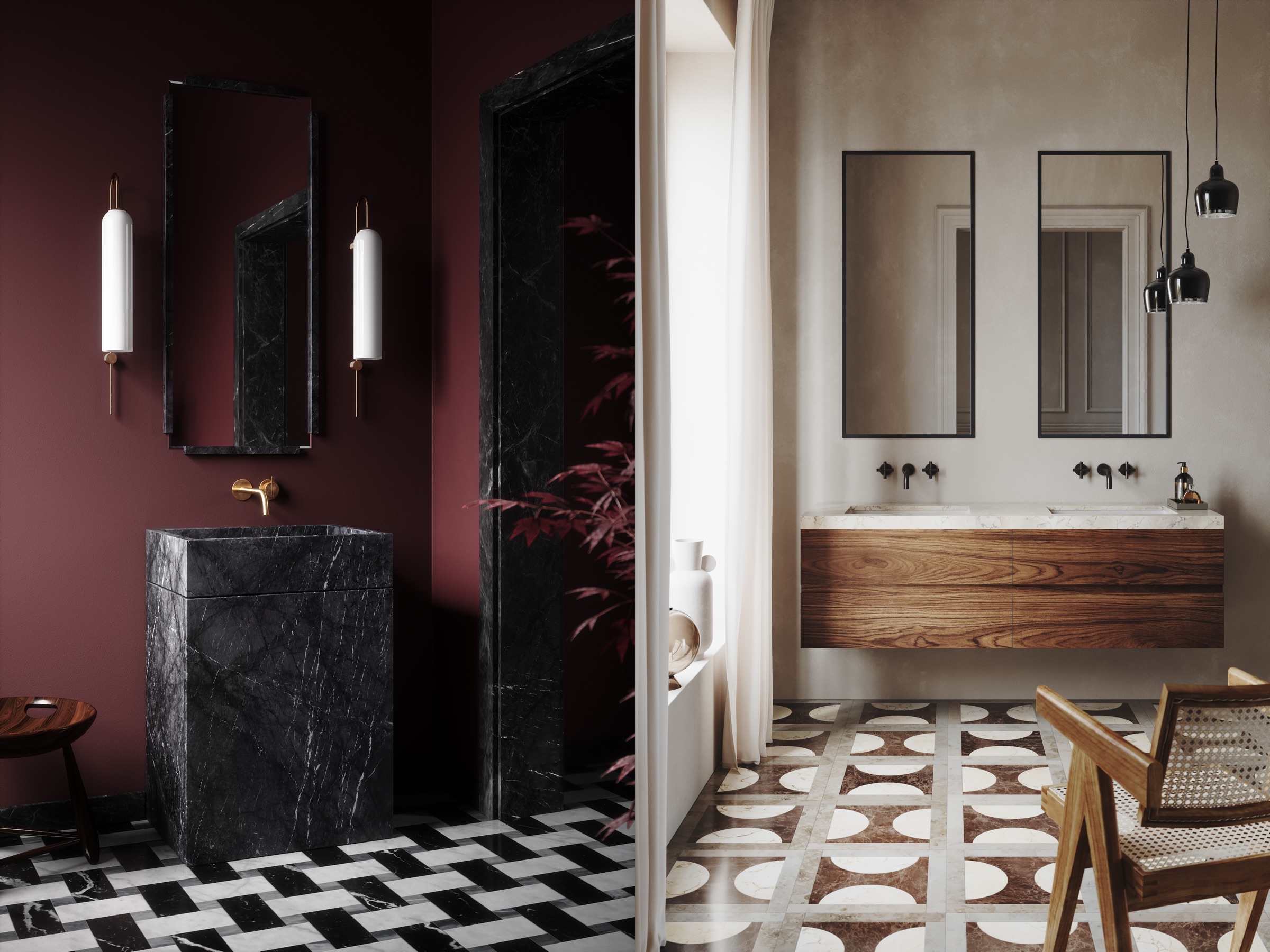 Vanitas bathrooms in deep red and warm white